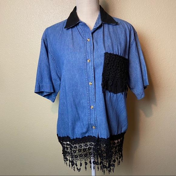 Vintage Denim Top with lace and fringe - Picture 1 of 8